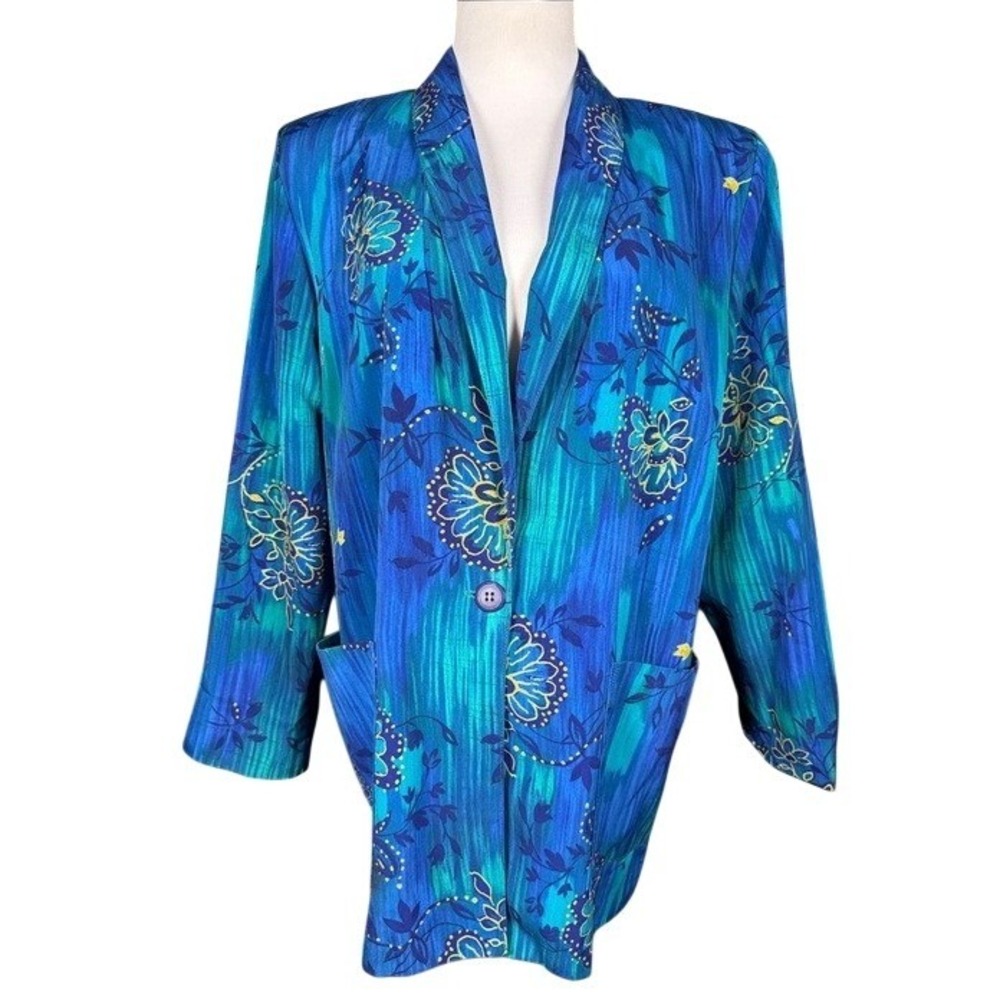 Kensington Square Womens Blue Teal Floral Open Front Blazer Jacket Made in USA